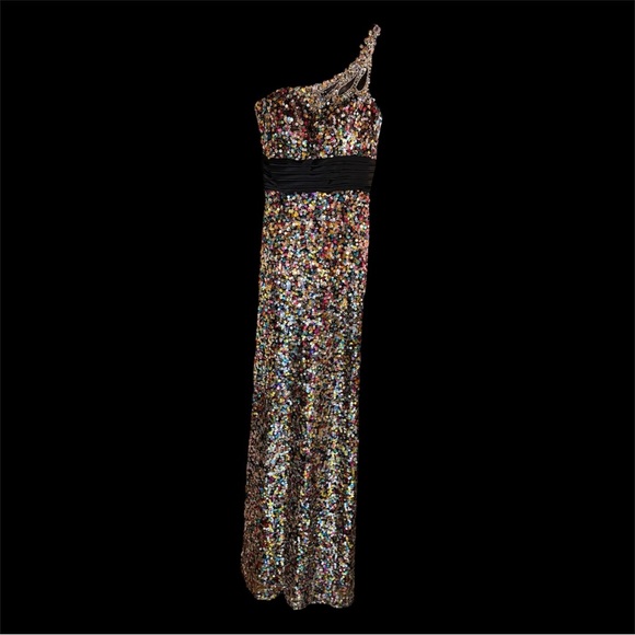 Multicolor Sequin Satin One-Shoulder Full Length Gown New - Picture 2 of 5